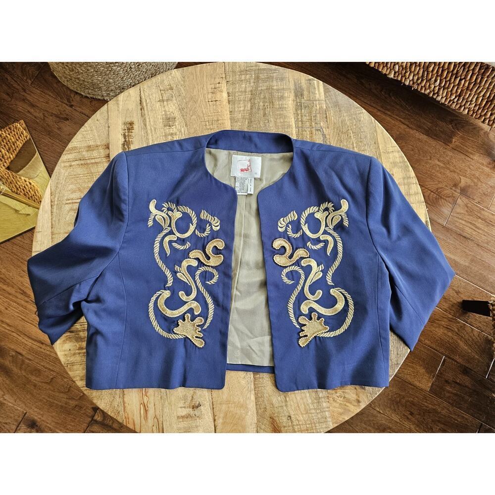 Mondi Vintage Blue Gold Embroidered Cropped Blazer Women's Size 44 Nautical - Picture 9 of 11